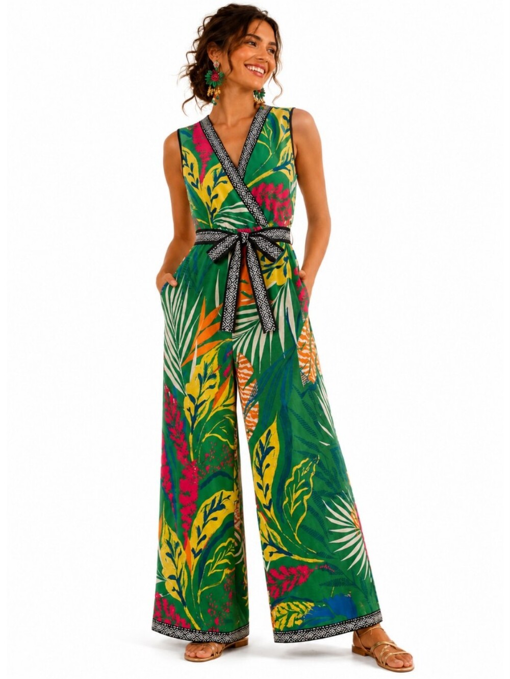 Anthropologie Flying Tomato Tropical Floral Wide Leg Jumpsuit Green Medium NWT - Picture 1 of 4